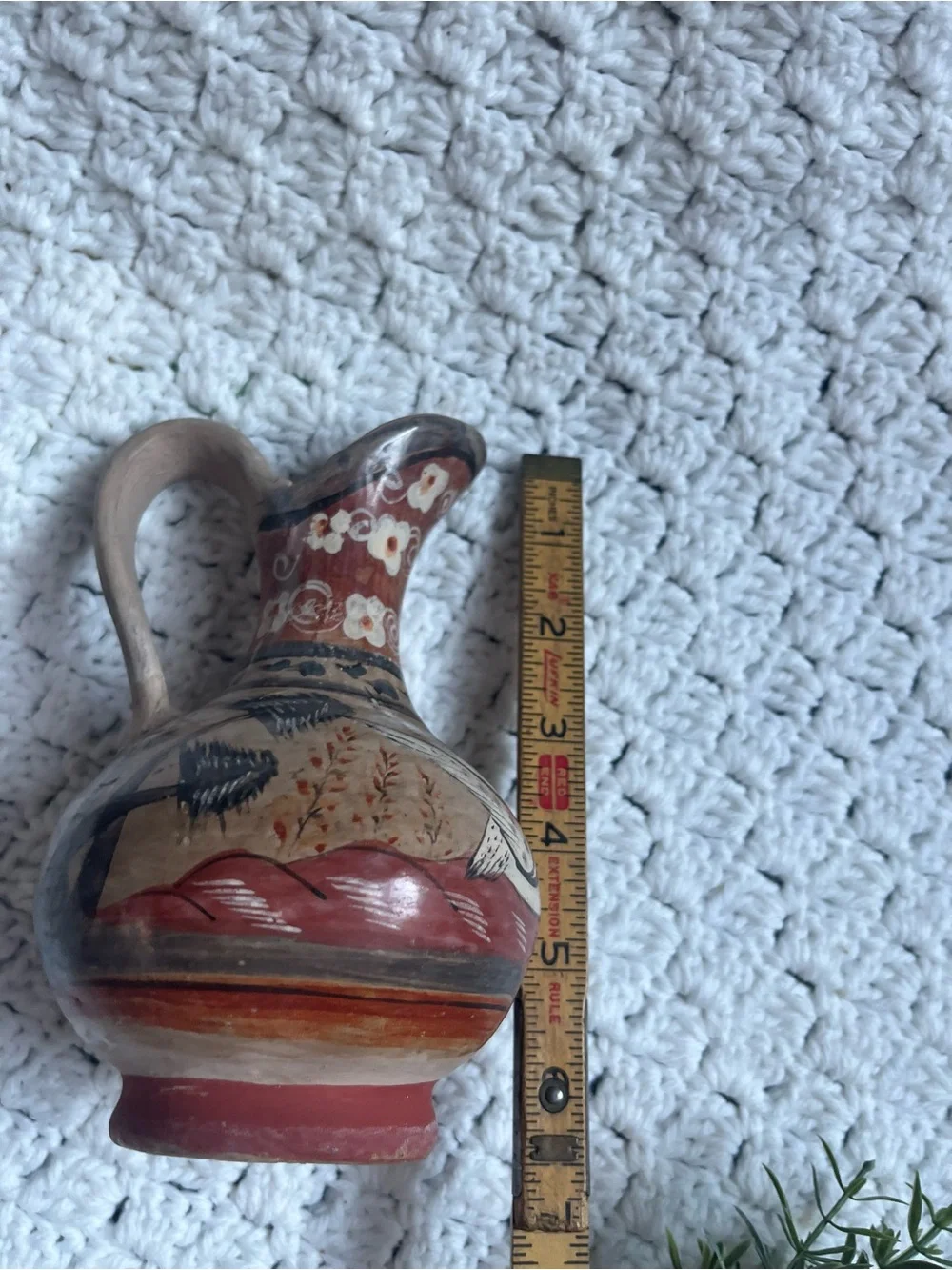 Vintage Mexican sm. pottery pitcher, Tonala hand painted burnished glaze